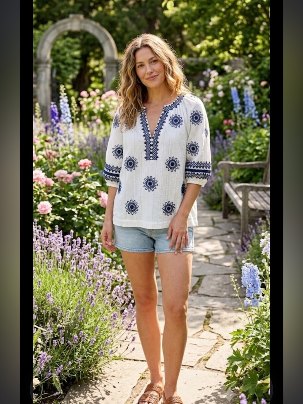 THML White Peasant Blouse with Navy Blue Embroidery